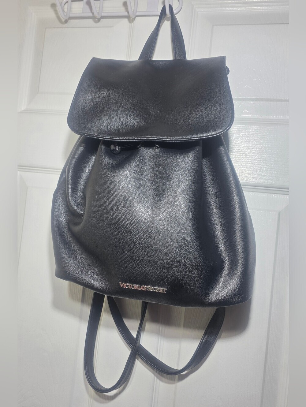 Victoria’s Secret Black Faux Leather Backpack Drawstring Bag Silver  Logo - Picture 3 of 8